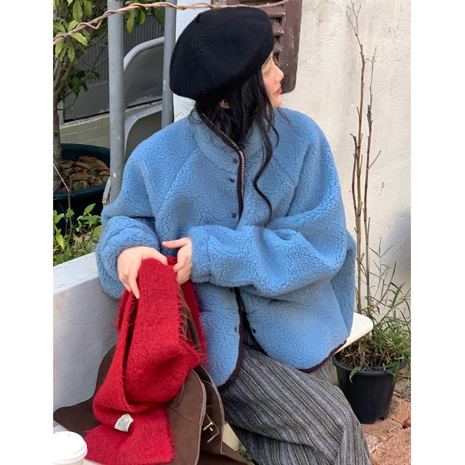 chic韩国东大门好看的蓝 减龄拉链毛绒绒大码休闲外套2025秋冬