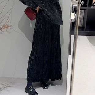 胖MM大码女装褶皱丝绒半身裙女2025秋冬a字裙百搭中长显瘦半身裙
