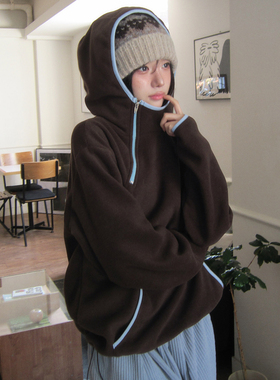 韩国modi撞色复古机能中性摇粒绒连帽保暖大码胖MM卫衣205秋冬款