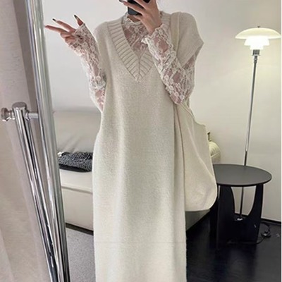 韩国chic秋冬简约纯色超长款大码V领针织背心裙马甲连衣裙毛衣裙