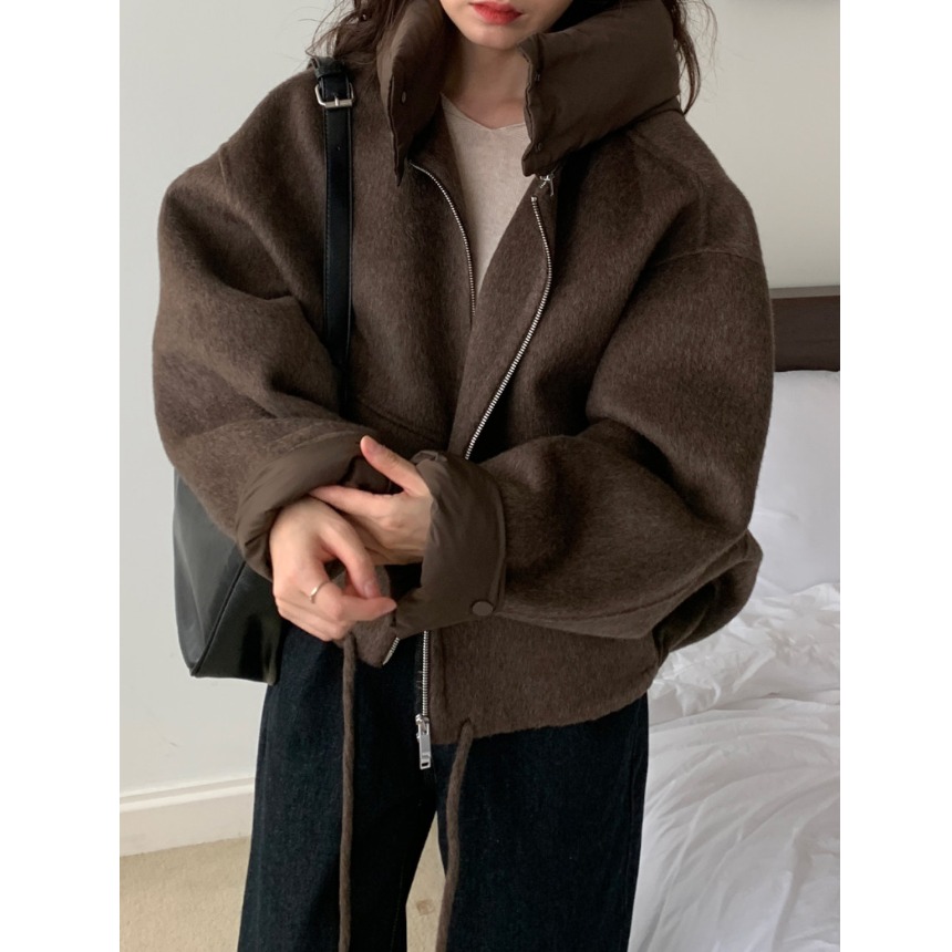 韩国chic秋冬小众设计感拼接连帽可拆卸系带大码保暖短款毛呢外套