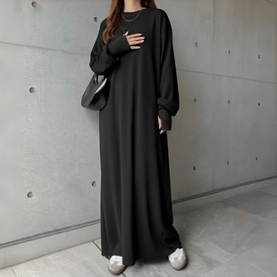 日韩chic2025秋季简约卫衣连衣裙宽松大码休闲长袖慵懒风过膝长裙