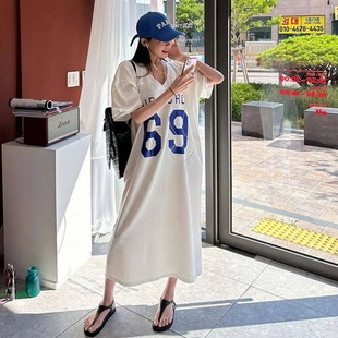 韩国东大门2025夏季中长款V领宽松数字印花T恤连衣裙大码休闲长裙