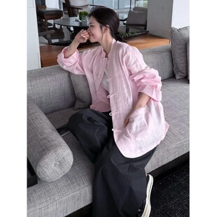 新中式粉色亚麻外套2026春装大码气质好看独特胖MM国风盘扣上衣