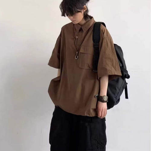 日系短袖工装口袋衬衫男高级感夏季polo衫cheanfit纯色简约衬衫男