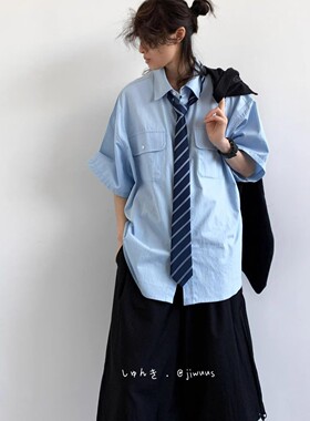 蓝色短袖衬衫男夏季日系cityboy宽松百搭休闲衬衣青少年凉感上衣