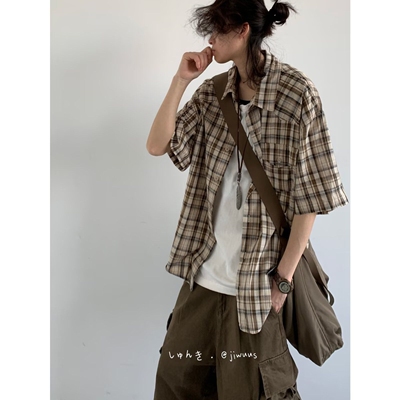 日系复古格子短袖衬衫男女夏季cityboy百搭衬衣宽松情侣t恤外套男