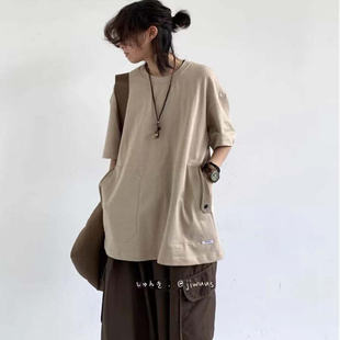 T恤男女生宽松休闲百搭口袋Tee上衣 贴袋纯色短袖 夏季 日系复古个性