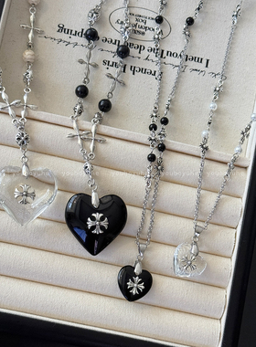 黑色爱心十字架吊坠项链女甜酷辣妹风叠戴毛衣链钛钢不掉色配饰品