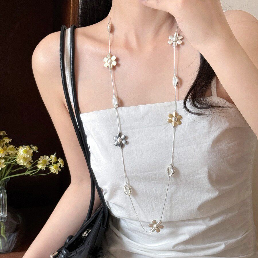韩系简约撞色金银花朵项链女长款设计感小众毛衣链腰链两用配饰品