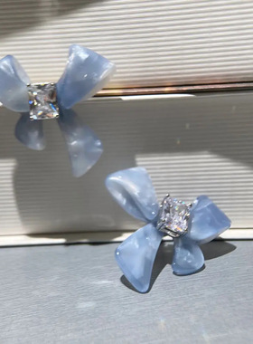 新款网红蓝色醋酸蝴蝶结耳环轻奢优雅高级感简约耳饰耳钉气质百搭