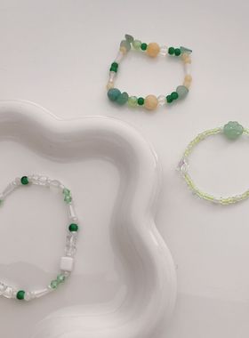 绿色水晶串珠花朵手链套装女夏学生闺蜜森系手串ins小众设计手饰