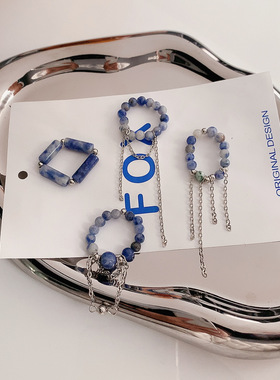 青花瓷系列拼接珠子小众网红几何蓝色戒指指环尾戒小众食指戒女