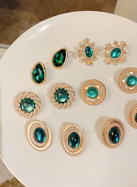 S925银针intage复古奢华耳环宫廷气质耳钉祖母绿宝石耳饰品女