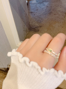 ins孔雀绿满钻小众复古双层戒指
