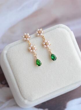 S925银针人工珍珠花耳环女2019新款潮长款复古高级感气质耳坠