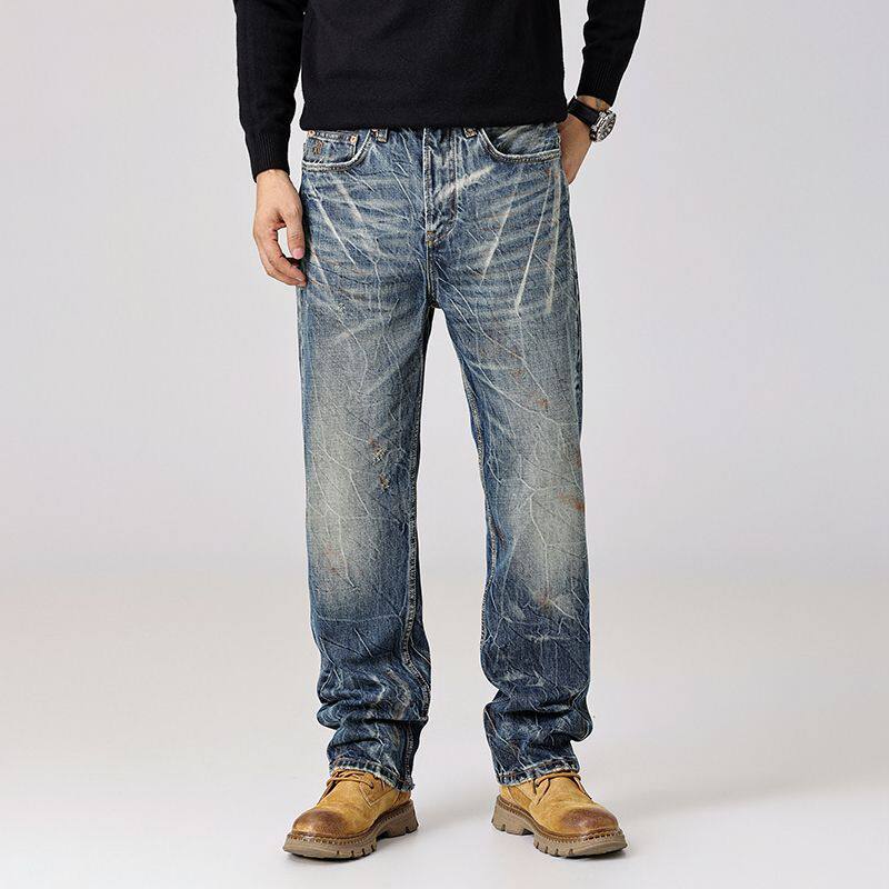 潮牌闪电纹水洗牛仔裤男潮牌秋季宽松大码直筒高街重工痞帅长裤潮