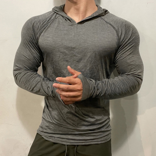 现货轻薄速干排汗男子运动健身训练修身弹力连帽长袖T恤卫衣