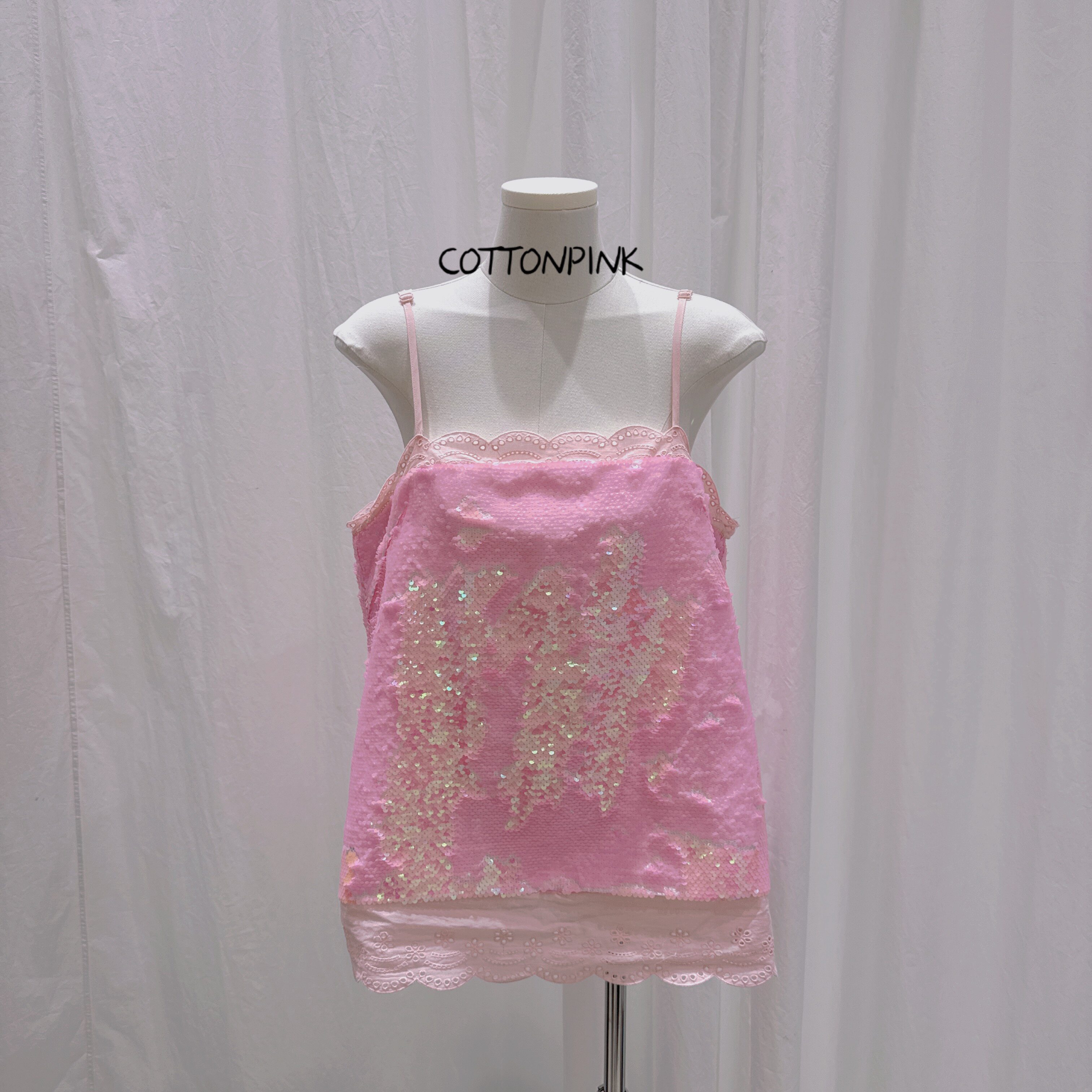 COTTONPINK女装人鱼姬珠片吊带时尚设计师款气质百搭花边吊带