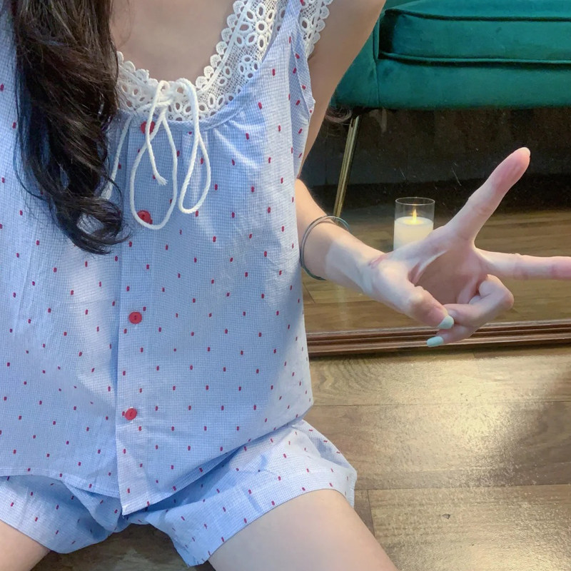 韩版甜美波点吊带睡衣女款夏季蕾丝花边背心短裤家居服套装可外穿
