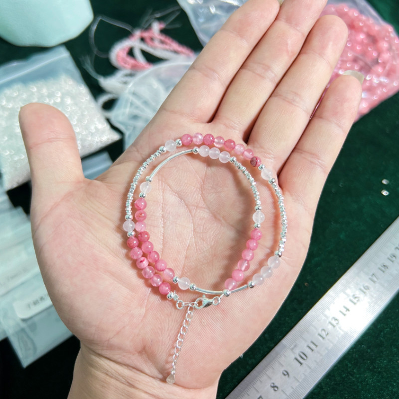s925纯银易烊千玺类四同款手链DIY碎银子散珠粉色波斯玉玉髓成品