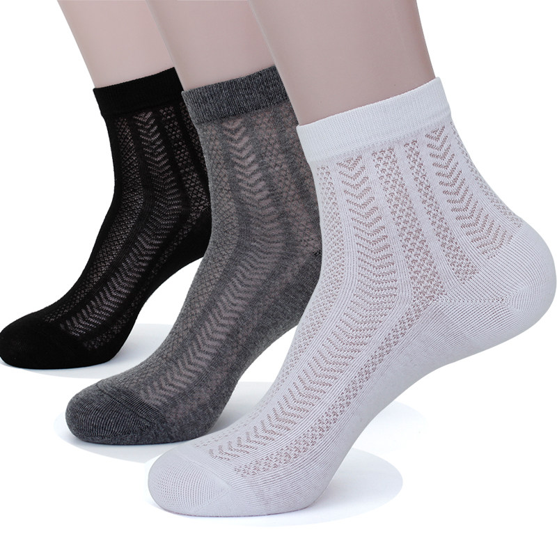 男士短筒网袜棉缕空网眼溥款袜子夏季清凉透气纯色正装商务中筒袜