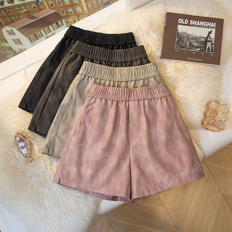 扎染PU皮短裤女2025秋季新款高腰a字阔腿裤显瘦百搭休闲裤靴裤子