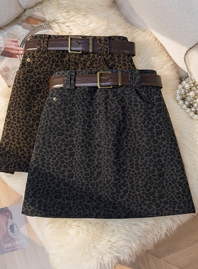 复古气质豹纹牛仔短裙女2025秋季新品A字高腰洋气显瘦百搭半身裙