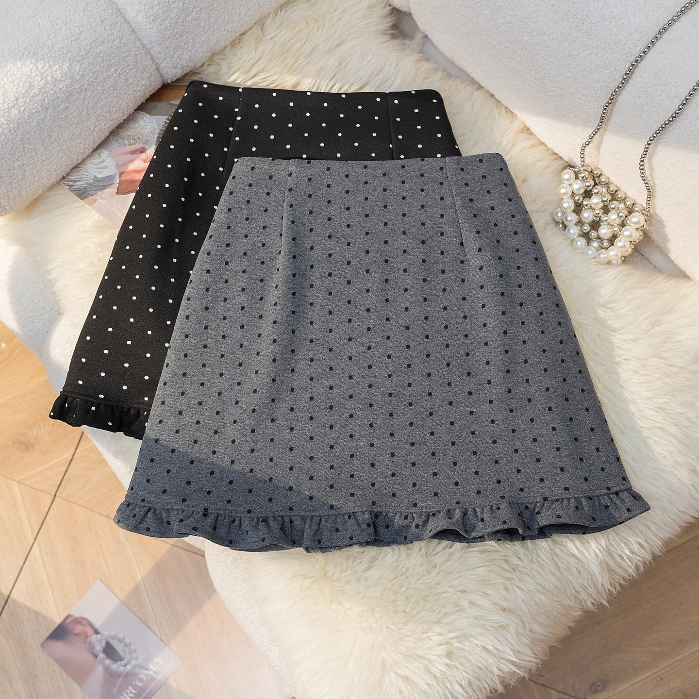 学院风小个子波点毛呢半身裙女2025年秋冬木耳边高腰a字包臀短裙,女装/女士精品,半身裙,淘宝优惠券,粉丝福利购,淘宝优惠卷