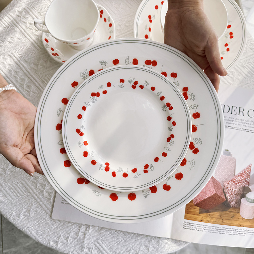 ins复古清新风Vintage樱桃骨瓷盘子餐盘咖啡杯西餐具骨瓷餐具套装,餐饮具,盘,淘宝优惠券,粉丝福利购,淘宝优惠卷