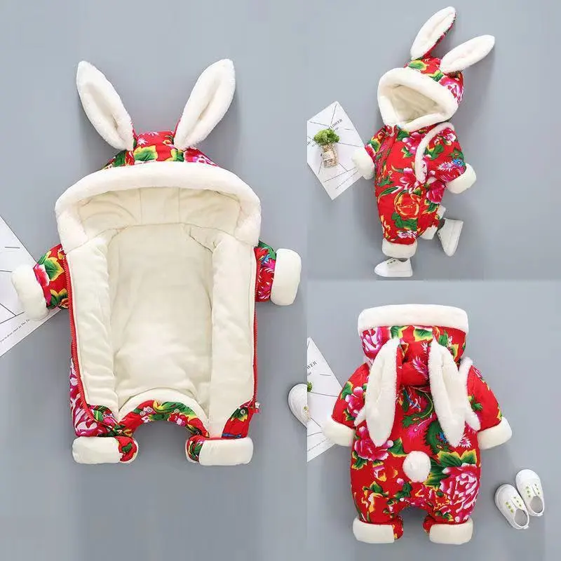 东北大花婴儿服冬外出棉服连体衣加绒宝宝冬装婴儿衣服冬季花棉袄