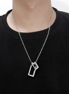 日韩ins项链简约心灵几何方框男女刻字长毛衣链情侣钛钢同链吊坠