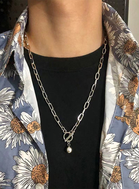 日韩版项链长方线圆珠球OT扣钛钢项坠吊链简约嘻哈ins男女锁骨链