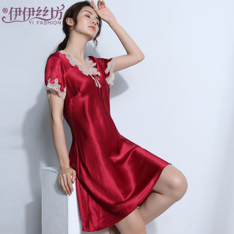 伊伊丝坊真丝睡裙女夏长款性感家居服女真丝睡衣真薄款100%桑蚕丝