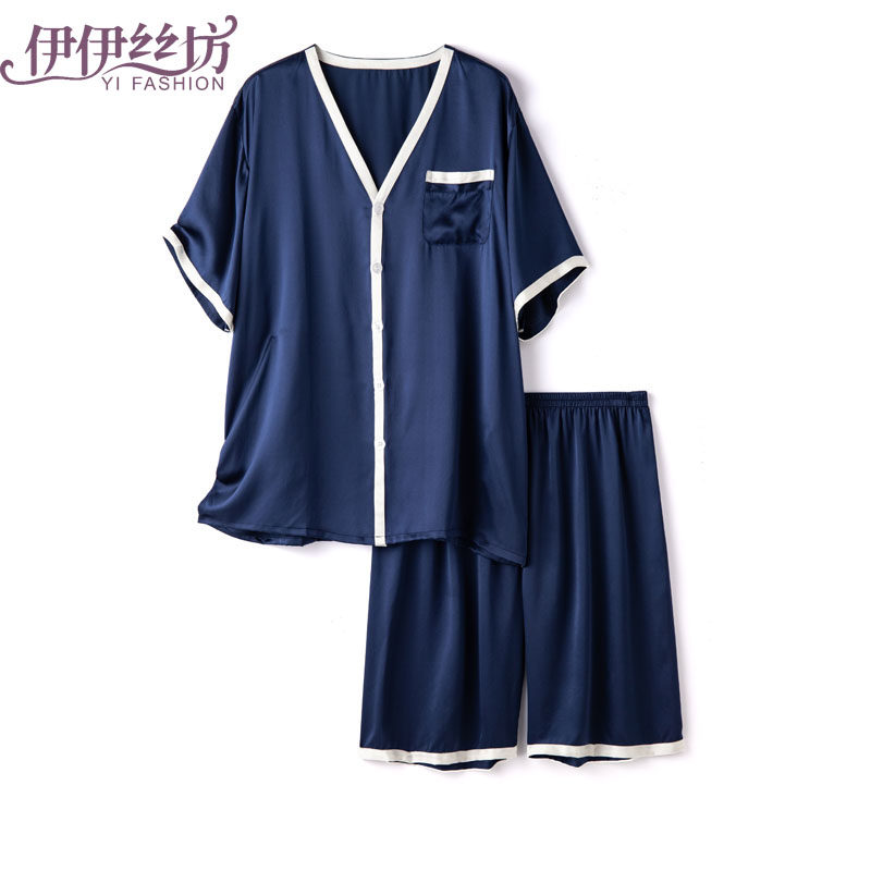 伊伊丝坊居家服真丝睡衣男夏季短袖短裤无领v领套装100%桑蚕丝