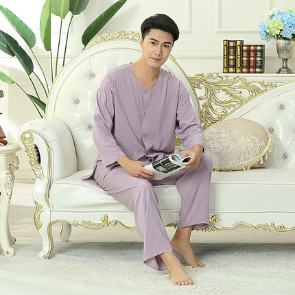 中老年睡衣男夏季薄款大码宽松人造棉棉绸开衫长袖长裤家居服套装