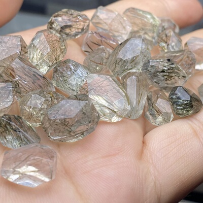 保真天然绿发晶随形散珠子黑发水晶手串手链项链diy配饰件绿兔毛