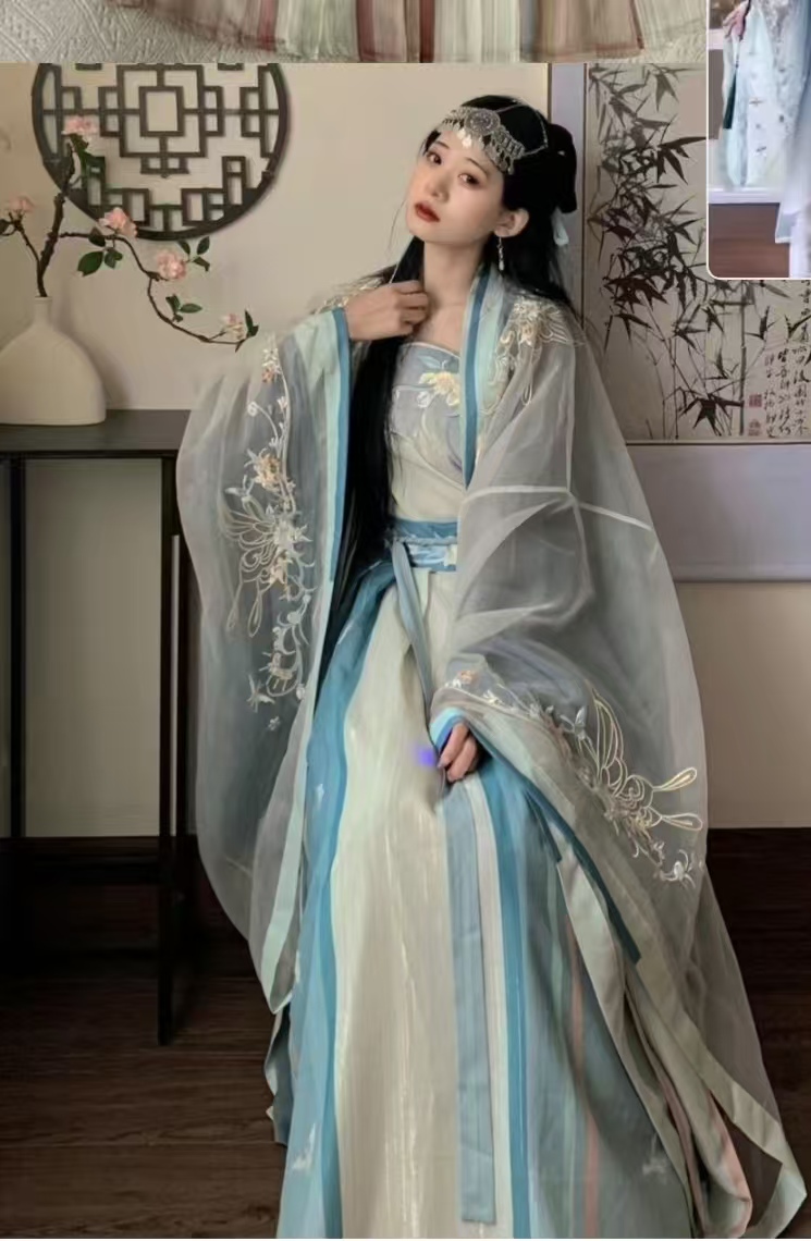 原创齐腰大袖衫吊带百褶裙绣花宋制汉服女全套【蝶恋花语】