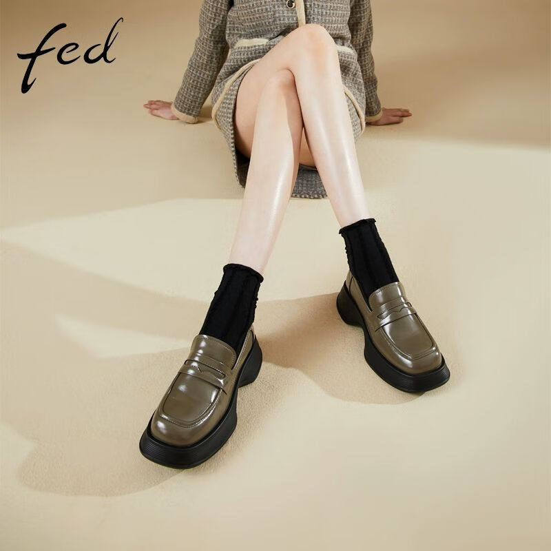 fed春季百搭气质方头松糕厚底休闲单鞋女英伦风小皮鞋乐福鞋女