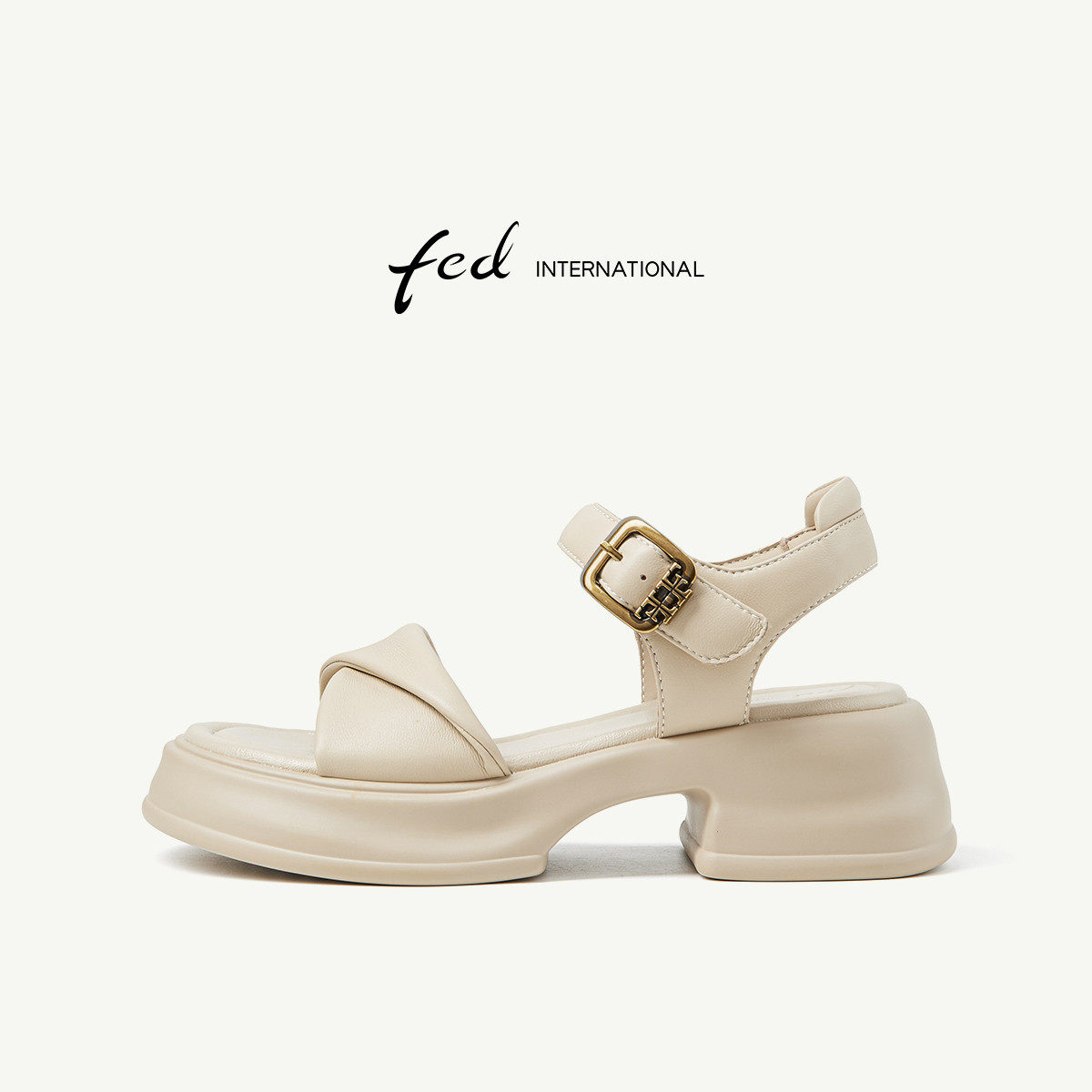 fed羊皮女凉鞋夏露趾超轻松糕厚底真皮运动休闲百搭一字带凉鞋女