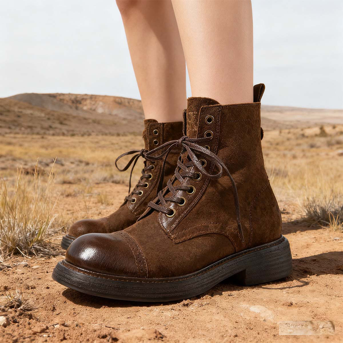 fed真皮复古擦色头层牛皮冬粗跟靴子女中筒马丁靴机车骑士靴女