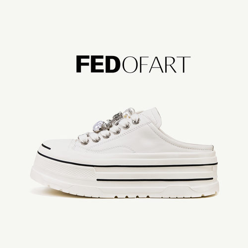 fed【头层牛皮】春季真皮增高厚底一脚蹬休闲运动鞋板鞋半拖鞋女