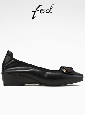 fed坡跟单鞋春季新款女鞋黑色通勤鞋一脚蹬真皮鞋女款S0105-YA188