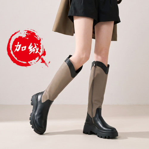 fed骑士靴长筒靴冬季新款拼接不过膝高筒靴加绒靴子女1208-YAB561