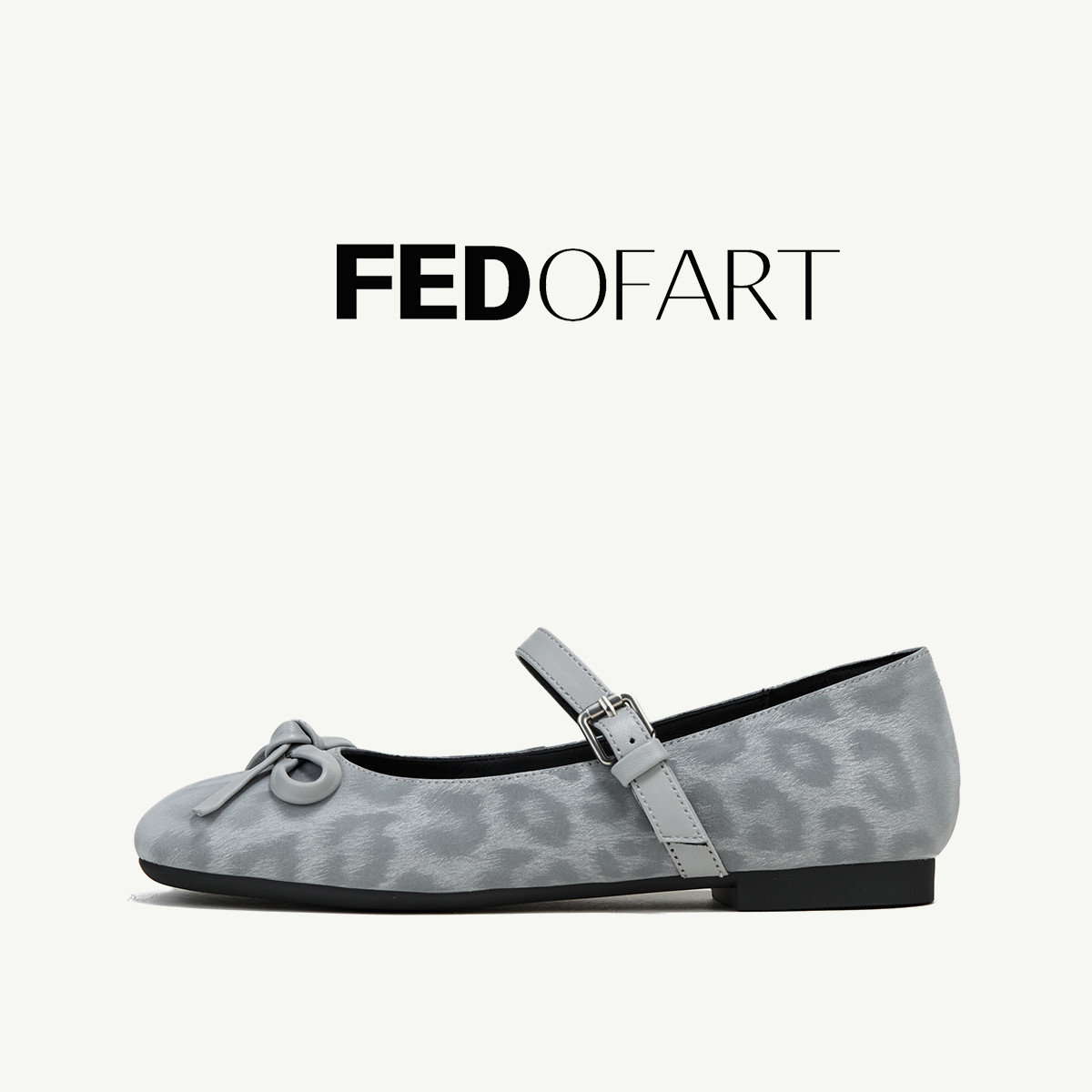 fed豹纹头层牛皮女鞋春季方头浅口平底单鞋女豆豆芭蕾玛丽珍鞋女