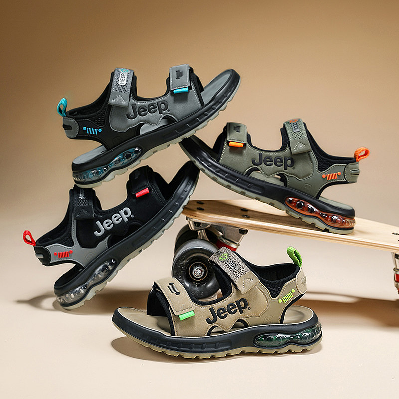 JEEP儿童凉鞋新款男女童夏季休闲漏趾鞋防滑软底魔术贴款沙滩鞋子