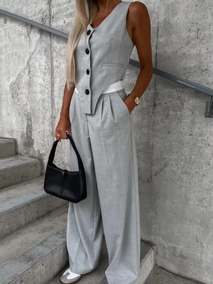 Colorblock Vest Top & Ruched Pants Set无欧美袖马甲长裤套装