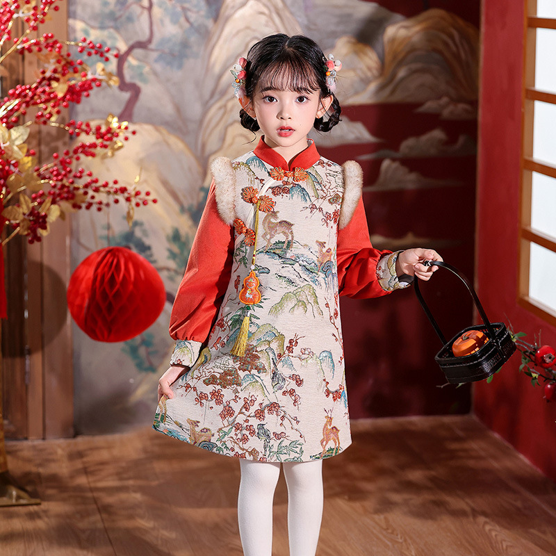 儿童旗袍秋冬款宝宝国潮长袖唐装女童连衣裙小女孩新年拜年服加绒