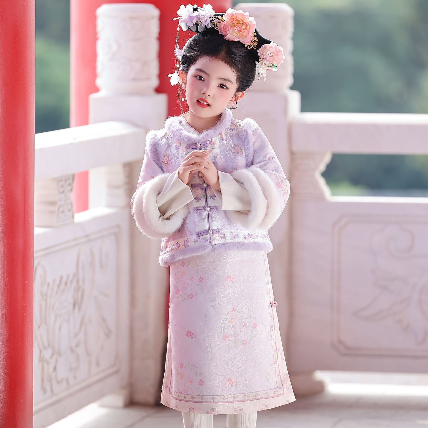 女童汉服加绒冬2025新款紫色女孩旗袍马甲儿童古装加厚保暖格格服