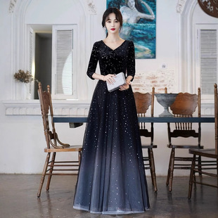 大码丝绒晚礼服胖mm高级200斤加肥宴会渐变年会主持人演出指挥服